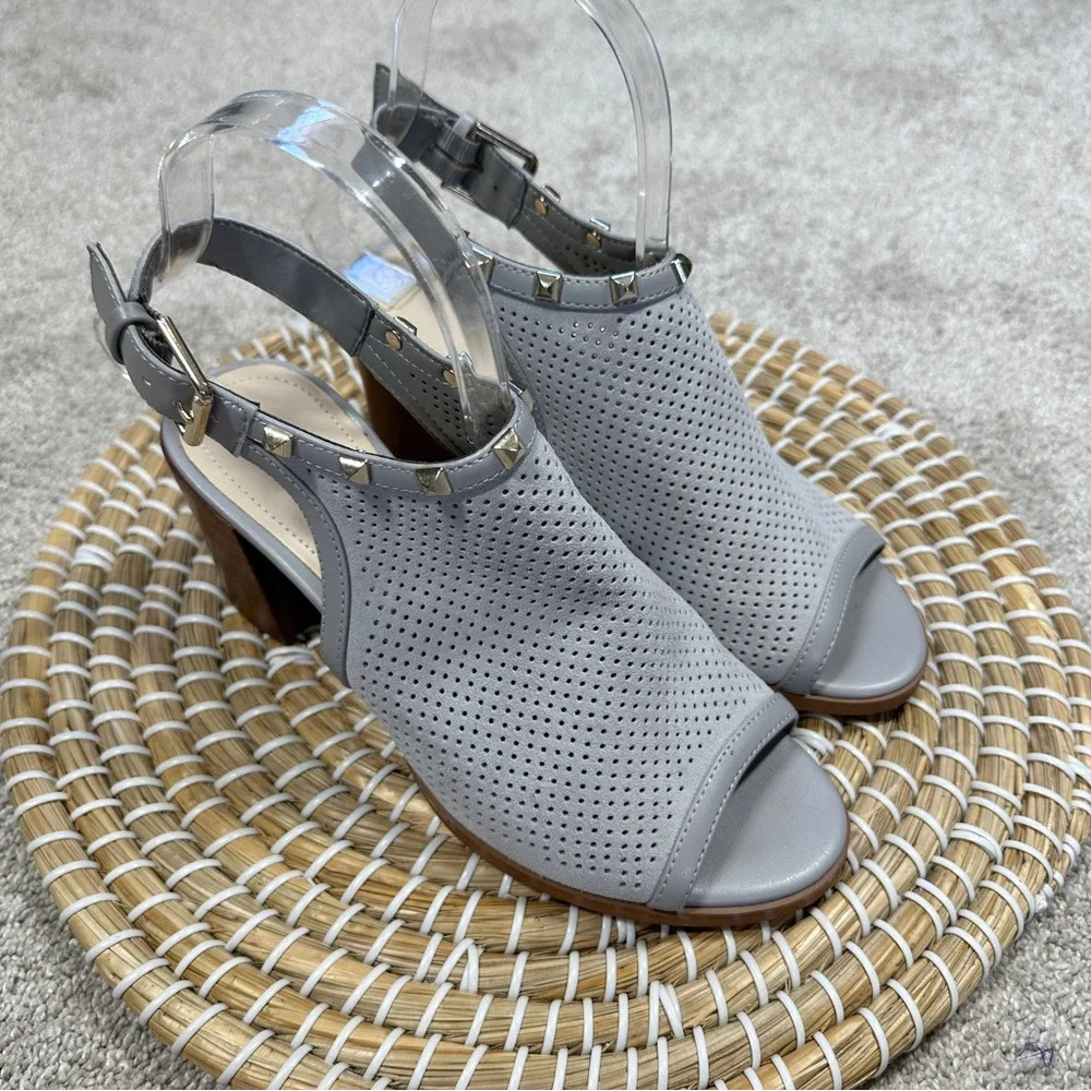Marc Fisher Grey Suede Perforated Parso Studded Heeled Sandal Size 6.5